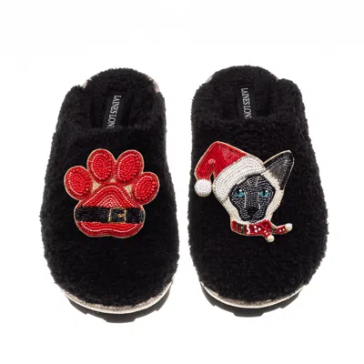 Laines London Women's Teddy Closed Toe Slipper With Christmas Black & White Siamese Cat & Paw Brooches - Black