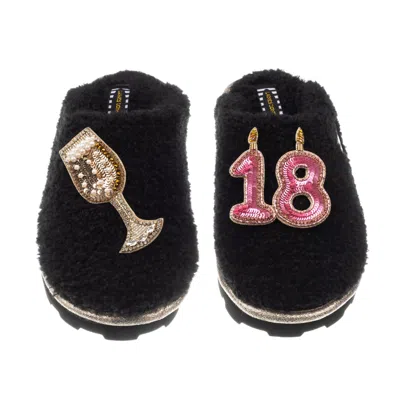 Laines London Women's Teddy Closed Toe Slippers With 18th Birthday & Champagne Glass Brooches - Black