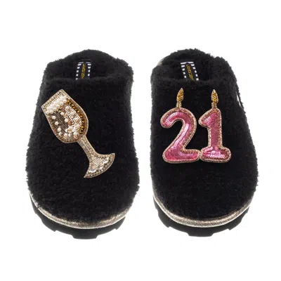 Laines London Women's Teddy Closed Toe Slippers With 21st Birthday & Champagne Glass Brooches - Black