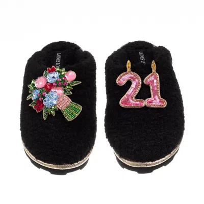 Laines London Women's Teddy Closed Toe Slippers With 21st Birthday & Flowers Brooches - Black
