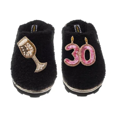 Laines London Women's Teddy Closed Toe Slippers With 30th Birthday & Champagne Glass Brooches - Black