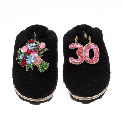 Laines London Women's Teddy Closed Toe Slippers With 30th Birthday & Flowers Brooches - Black