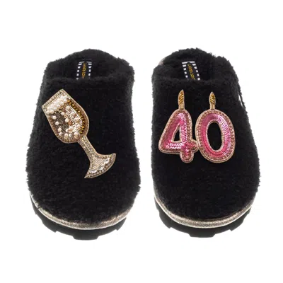 Laines London Women's Teddy Closed Toe Slippers With 40th Birthday & Champagne Glass Brooches - Black
