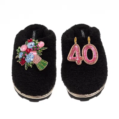 Laines London Women's Teddy Closed Toe Slippers With 40th Birthday & Flowers Brooches - Black