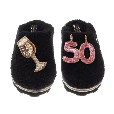Laines London Women's Teddy Closed Toe Slippers With 50th Birthday & Champagne Glass Brooches - Black