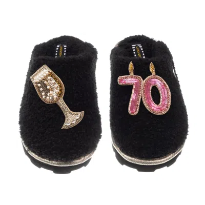 Laines London Women's Teddy Closed Toe Slippers With 70th Birthday & Champagne Glass Brooches - Black