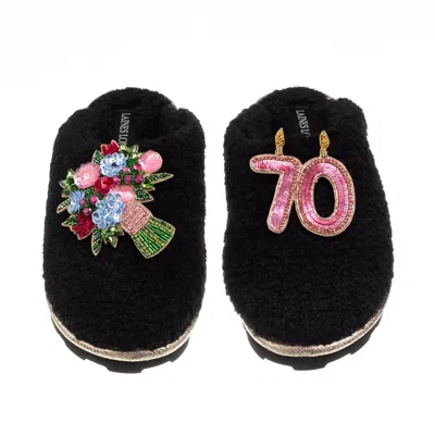 Laines London Women's Teddy Closed Toe Slippers With 70th Birthday & Flowers Brooches - Black