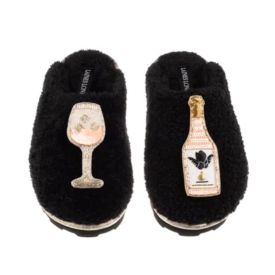 Laines London Women's Teddy Closed Toe Slippers With Angelic Rose Wine Brooches - Black