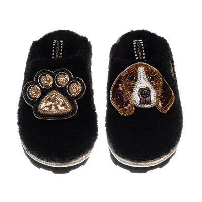 Laines London Women's Teddy Closed Toe Slippers With Beagle & Paw Brooches - Black
