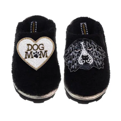 Laines London Women's Teddy Closed Toe Slippers With Bentley The Spaniel & Dog Mum / Mom Brooches - Black