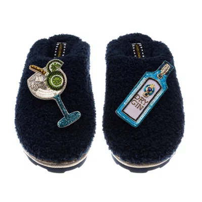 Laines London Women's Teddy Closed Toe Slippers With Blue Sapphire Gin & Glass Brooches - Navy