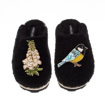 Laines London Women's Teddy Closed Toe Slippers With Blue Tit & White Foxglove Brooches - Black