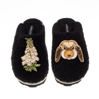 Laines London Women's Teddy Closed Toe Slippers With Bunny & White Foxglove Brooches - Black