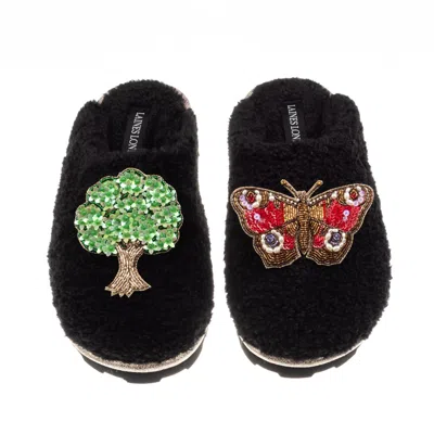 Laines London Women's Teddy Closed Toe Slippers With Butterfly & Oak Tree Brooches - Black