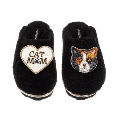 Laines London Women's Teddy Closed Toe Slippers With Cat Mum/mom & British Shorthair Cat Brooches - Black