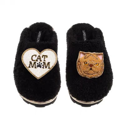 Laines London Women's Teddy Closed Toe Slippers With Cat Mum/mom & Ginger Persian Cat Brooches - Black
