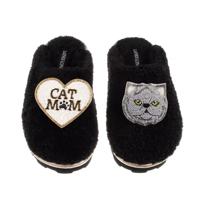 Laines London Women's Teddy Closed Toe Slippers With Cat Mum/mom & Grey Persian Cat Brooches - Black