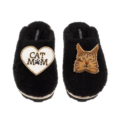 Laines London Women's Teddy Closed Toe Slippers With Cat Mum/mom & Maine Coon Cat Brooches - Black