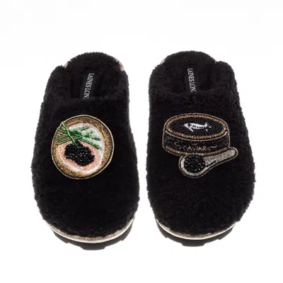 Laines London Women's Teddy Closed Toe Slippers With Caviar & Blini Brooches - Black