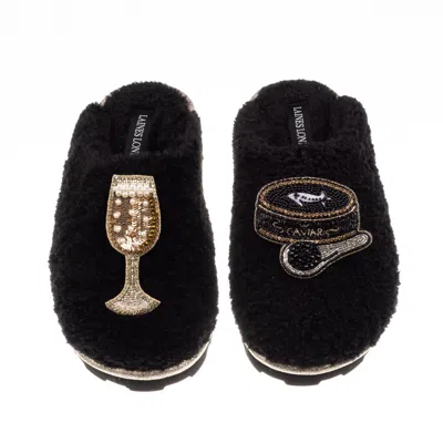 Laines London Women's Teddy Closed Toe Slippers With Caviar & Glass Of Fizz Brooches - Black