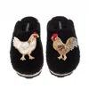 Laines London Women's Teddy Closed Toe Slippers With Chicken & Cockrel Brooches - Black In Black