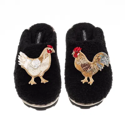 Laines London Women's Teddy Closed Toe Slippers With Chicken & Cockrel Brooches - Black