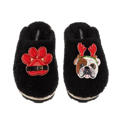 Laines London Women's Teddy Closed Toe Slippers With Christmas British Bulldog & Paw Brooches - Black