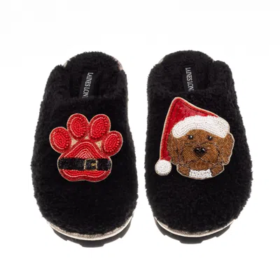 Laines London Women's Teddy Closed Toe Slippers With Christmas Brown Cockapoo & Paw Brooches - Black