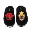 Laines London Women's Teddy Closed Toe Slippers With Christmas Brown/orange Tabby Cat & Paw Brooches - Black In Black