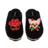 Laines London Women's Teddy Closed Toe Slippers With Christmas Chihuahua & Paw Brooches - Black In Black