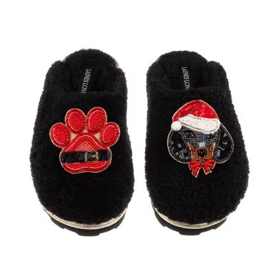 Laines London Women's Teddy Closed Toe Slippers With Christmas Dachshund & Paw Brooches - Black
