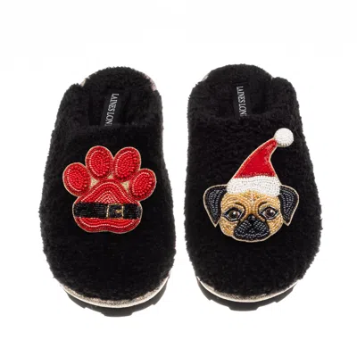 Laines London Women's Teddy Closed Toe Slippers With Christmas Fawn Pug & Paw Brooches - Black
