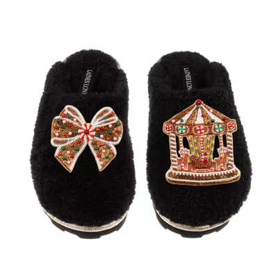 Laines London Women's Teddy Closed Toe Slippers With Christmas Gingerbread Bow & Carousel Brooches - Black In Multi