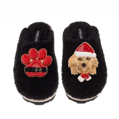 Laines London Women's Teddy Closed Toe Slippers With Christmas Golden Cavapoo & Paw Brooches - Black