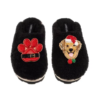 Laines London Women's Teddy Closed Toe Slippers With Christmas Golden Retriever & Paw Brooches - Black