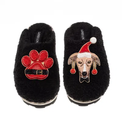 Laines London Women's Teddy Closed Toe Slippers With Christmas Greyhound & Paw Brooches - Black
