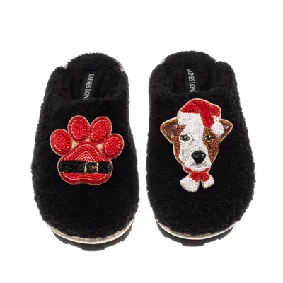 Laines London Women's Teddy Closed Toe Slippers With Christmas Jack Russell & Paw Brooches - Black