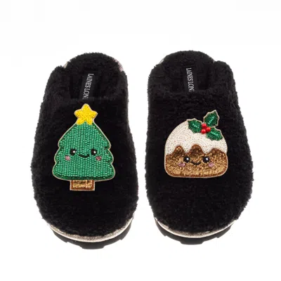 Laines London Women's Teddy Closed Toe Slippers With Christmas Lovable Pudding & Tree Brooches - Black