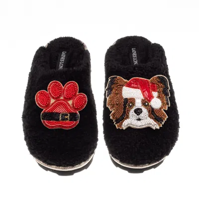 Laines London Women's Teddy Closed Toe Slippers With Christmas Papillon & Paw Brooches - Black