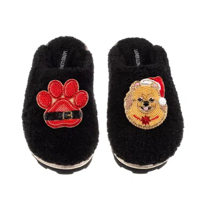 Laines London Women's Teddy Closed Toe Slippers With Christmas Pomeranian & Paw Brooches - Black