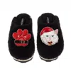 Laines London Women's Teddy Closed Toe Slippers With Christmas White Persian Cat & Paw Brooches - Black In Black