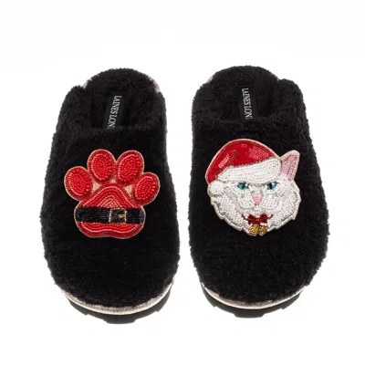 Laines London Women's Teddy Closed Toe Slippers With Christmas White Persian Cat & Paw Brooches - Black
