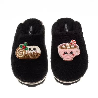 Laines London Women's Teddy Closed Toe Slippers With Christmas Yule Log & Hot Chocolate Brooches - Black
