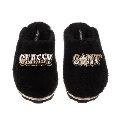 Laines London Women's Teddy Closed Toe Slippers With Classy Cunt Brooches - Black
