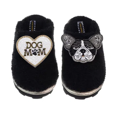 Laines London Women's Teddy Closed Toe Slippers With Coco The Frenchie & Dog Mum / Mom Brooches - Black
