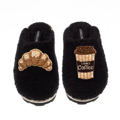 Laines London Women's Teddy Closed Toe Slippers With Coffee & Croissant Brooches - Black