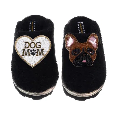 Laines London Women's Teddy Closed Toe Slippers With Cookie The Frenchie & Dog Mum / Mom Brooches - Black