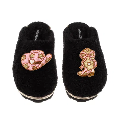 Laines London Women's Teddy Closed Toe Slippers With Cowgirl Hat & Cowgirl Boot Brooches - Black