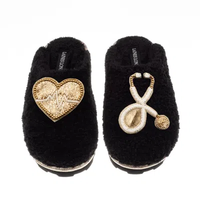 Laines London Women's Teddy Closed Toe Slippers With Doctor Brooches - Black