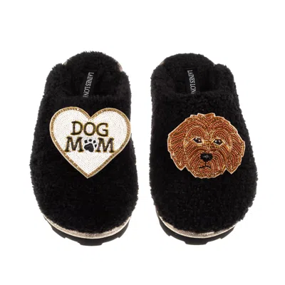 Laines London Women's Teddy Closed Toe Slippers With Dog Mum / Mom & Apricot Cockapoo Brooches - Black In Multi